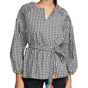 NWOT$118 MADEWELL  Black/White Checked Smocked Gingham embroidered XS